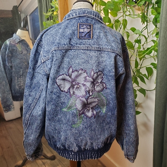 RARE  | Vintage Roglins Acid Wash Bomber Jean Jacket Glitter florals (Size M) - Picture 4 of 16